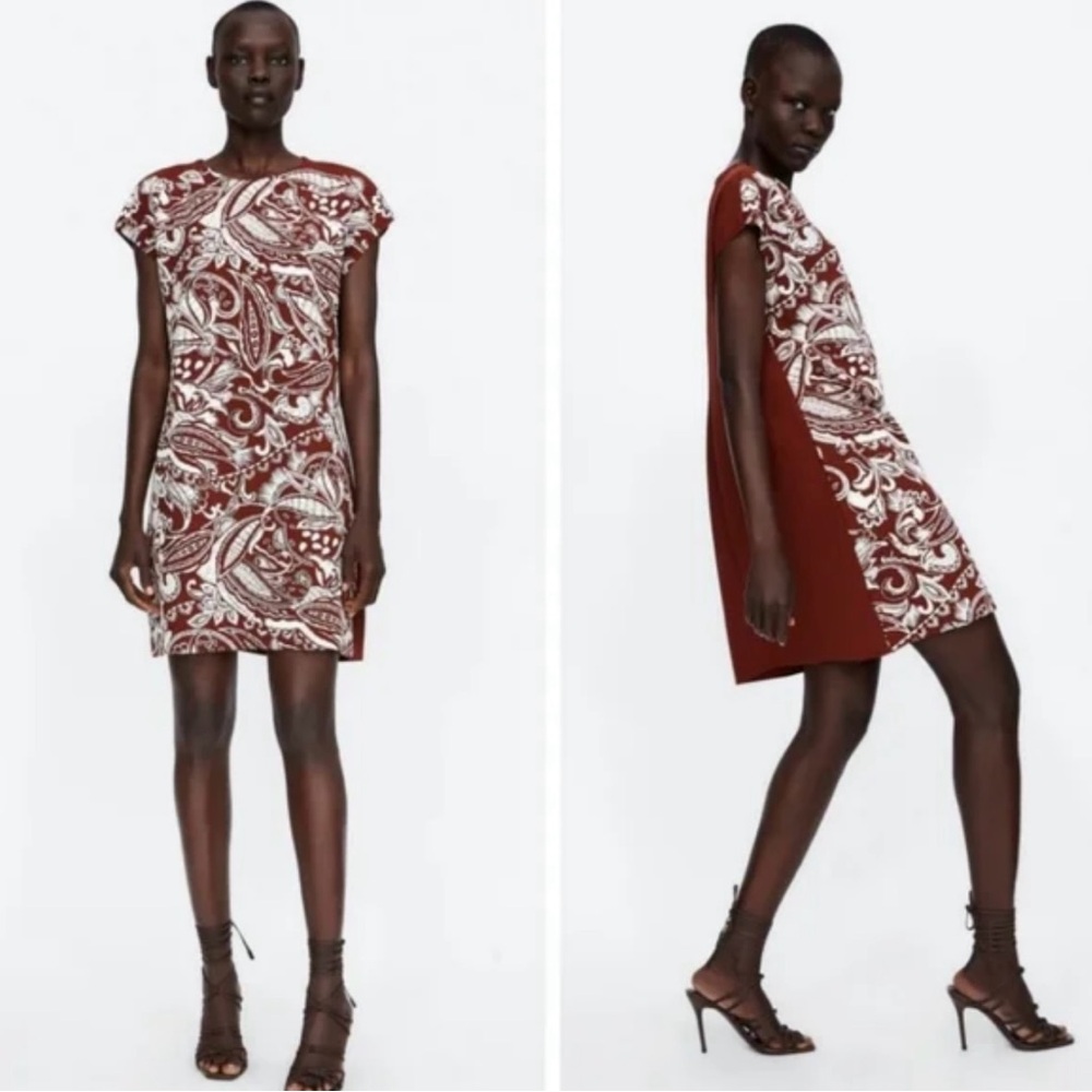 ZARA Paisley Textured Print Mini Shift Dress Burntβ Brick & White Size Small
